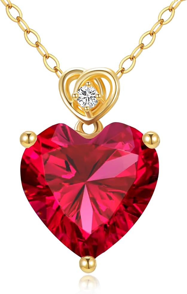 14k Gold Love Heart Gemstone Birthstone Necklaces for Women 3 Carat Heart-cut Created Birthstone Anniversary Birthday Mother's Day Pendant for Her 16+1+1 inch1