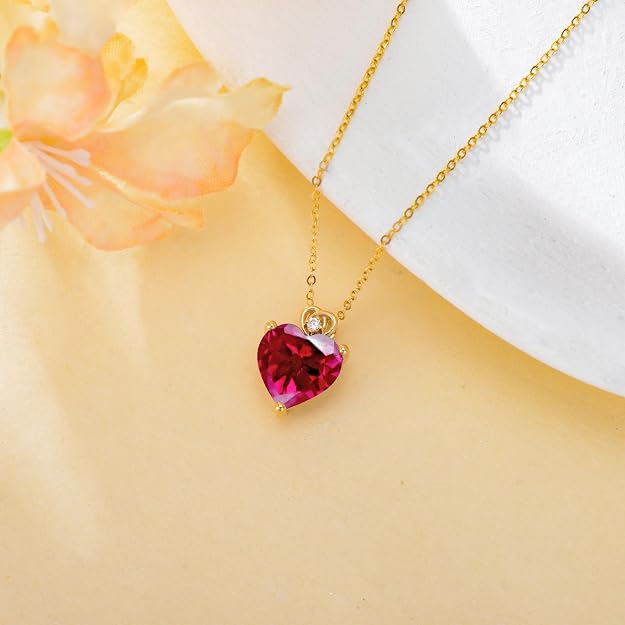 14k Gold Love Heart Gemstone Birthstone Necklaces for Women 3 Carat Heart-cut Created Birthstone Anniversary Birthday Mother's Day Pendant for Her 16+1+1 inch1