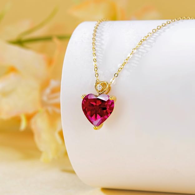 14k Gold Love Heart Gemstone Birthstone Necklaces for Women 3 Carat Heart-cut Created Birthstone Anniversary Birthday Mother's Day Pendant for Her 16+1+1 inch1