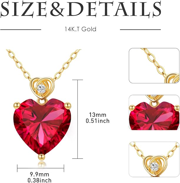 14k Gold Love Heart Gemstone Birthstone Necklaces for Women 3 Carat Heart-cut Created Birthstone Anniversary Birthday Mother's Day Pendant for Her 16+1+1 inch1
