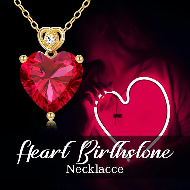 14k Gold Love Heart Gemstone Birthstone Necklaces for Women 3 Carat Heart-cut Created Birthstone Anniversary Birthday Mother's Day Pendant for Her 16+1+1 inch1