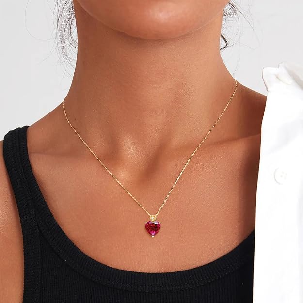 14k Gold Love Heart Gemstone Birthstone Necklaces for Women 3 Carat Heart-cut Created Birthstone Anniversary Birthday Mother's Day Pendant for Her 16+1+1 inch1