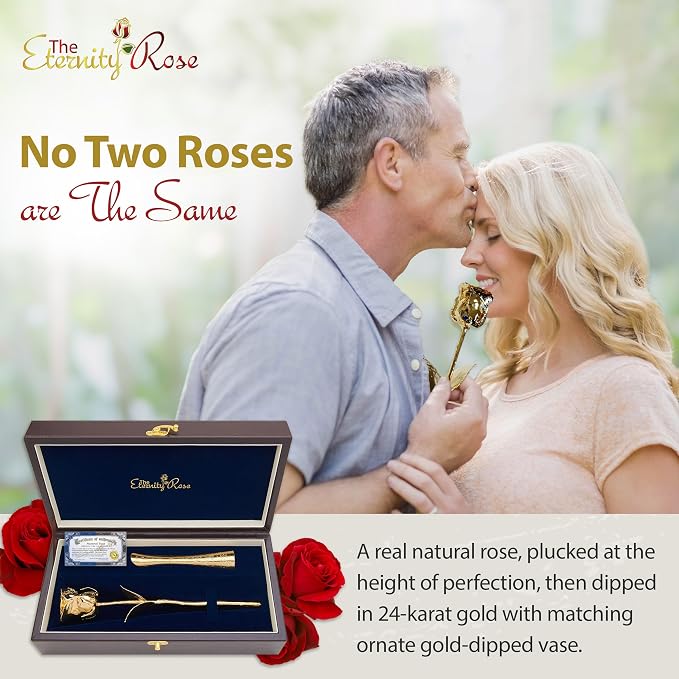 The Eternity Rose Gold Dipped Rose 24K with Matching Vase, Romantic Gifts for Her, Real Preserved Flower, 11.5", Wedding, Anniversary, Memorial Day, Valentine's Day Gift