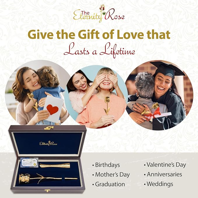 The Eternity Rose Gold Dipped Rose 24K with Matching Vase, Romantic Gifts for Her, Real Preserved Flower, 11.5", Wedding, Anniversary, Memorial Day, Valentine's Day Gift