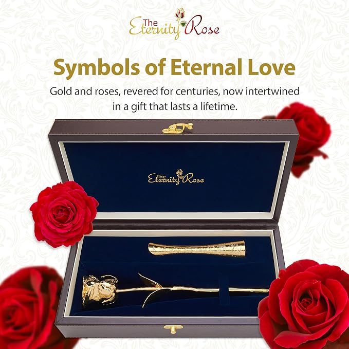 The Eternity Rose Gold Dipped Rose 24K with Matching Vase, Romantic Gifts for Her, Real Preserved Flower, 11.5", Wedding, Anniversary, Memorial Day, Valentine's Day Gift